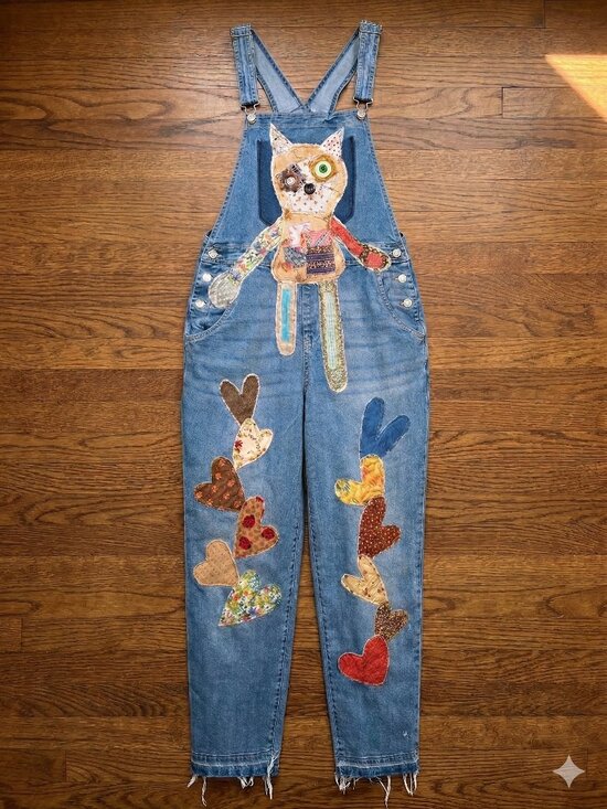 ValleyTownCrafting Denim - OOAK Patchwork Cat Overalls Dopamine Dressing Upcycled Denim Boho Medium
